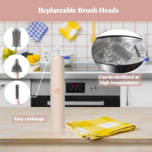 Augensterm Electric Bottle Brush Cleaner with 3 Silicone Brushes and Straw Cleaner - Pink