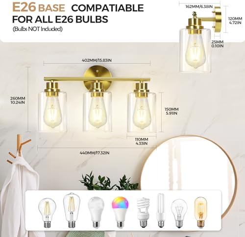 CRIRY 3-Light Brushed Gold Vanity Light Fixtures Over Mirror