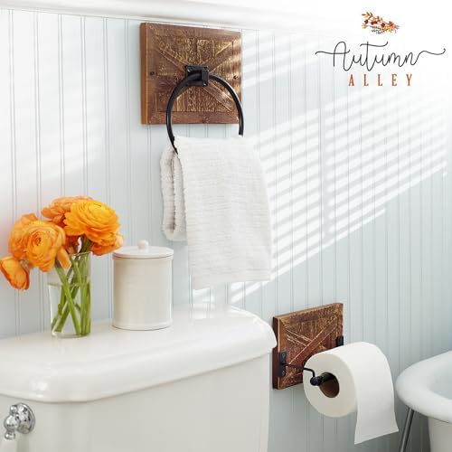 Autumn Alley Farmhouse Towel Ring - Barn Wood Matte Black Design