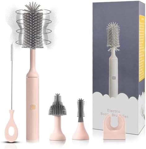 Augensterm Electric Bottle Brush Cleaner with 3 Silicone Brushes and Straw Cleaner - Pink