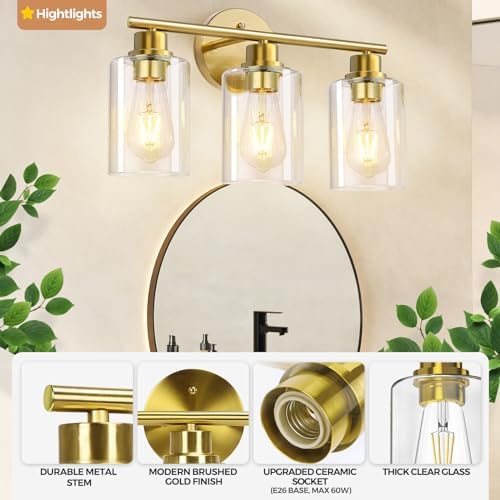 CRIRY 3-Light Brushed Gold Vanity Light Fixtures Over Mirror