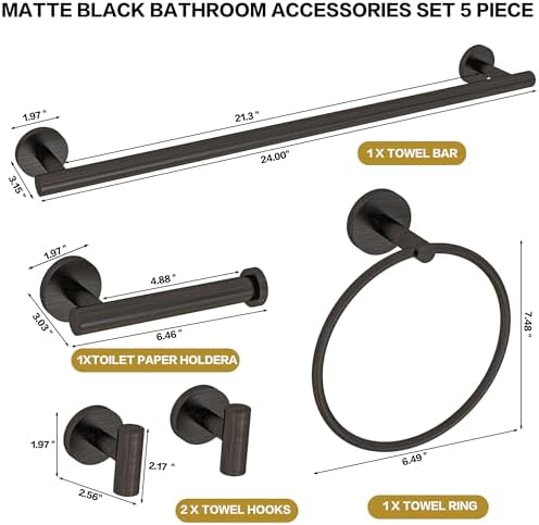 Gkhomext Matte Black Towel Bar Set 5 Piece
