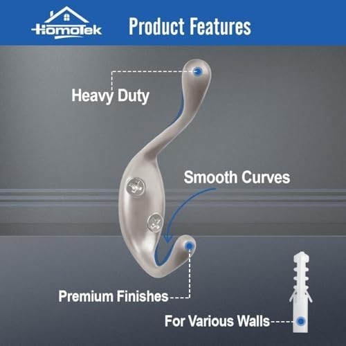 HOMOTEK Heavy Duty Dual Coat Hooks Satin Nickel