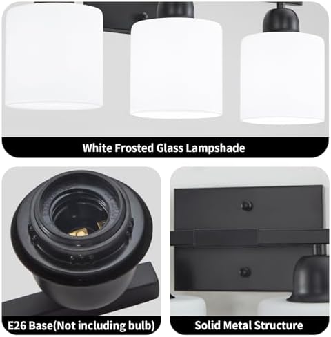 FAISHILAN 3-Light Black Bathroom Vanity Light with Clear Glass Shades