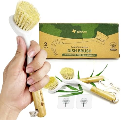 AIRNEX Bamboo Handle Dish Brush Set - 2 Pack