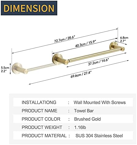 BESy Adjustable Towel Bar 159 to 286 Inch Brushed Gold Stainless Steel