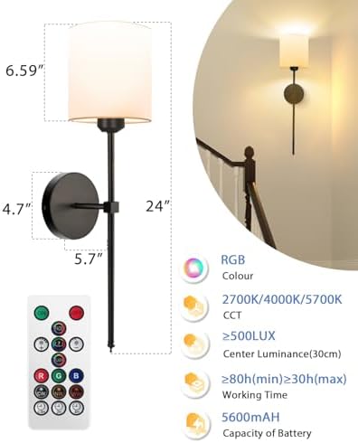 Adetu Wall Sconce Set of 2 5CCT Black Rechargeable Wall Light with Remote