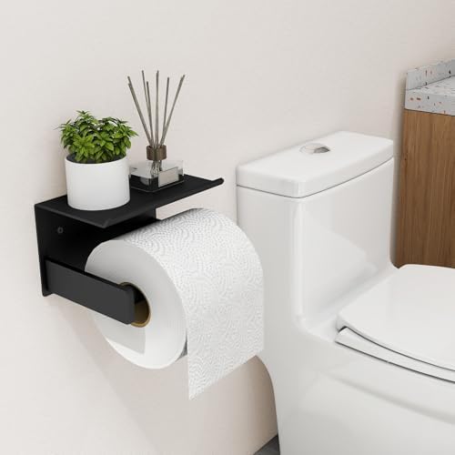 Bethom Toilet Paper Holder with Shelf Matte Black Double Post Design