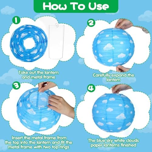 12PCS Blue Sky White Clouds Paper Lanterns Set