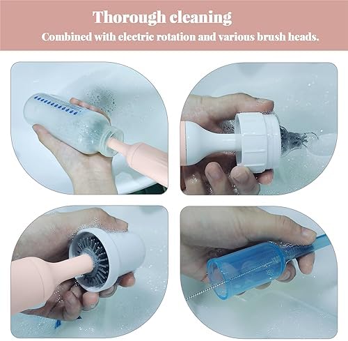 Augensterm Electric Bottle Brush Cleaner with 3 Silicone Brushes and Straw Cleaner - Pink