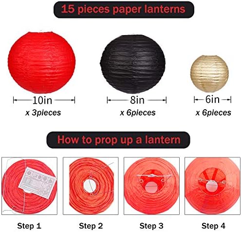 Zilue 15pcs Black Gold Red Paper Lanterns Set