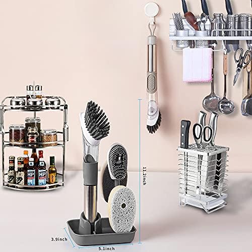 4-in-1 Dish Brush with Soap Dispenser and Holder - Grey 1