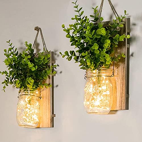 ECTY Rustic Wall Sconces with Mason Jars and LED Lights 2 Pack