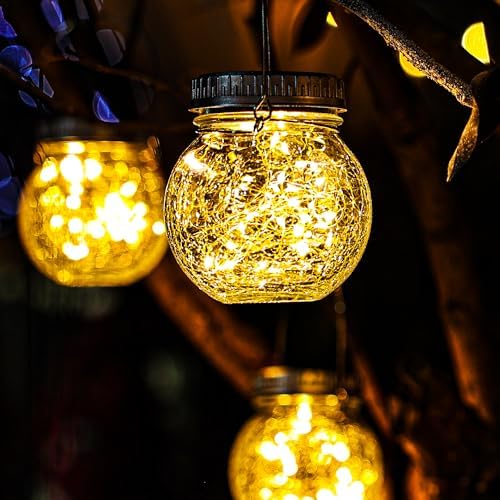 Cooo 2 Pack Crackle Glass Solar Lantern with 30 LED Firefly Lights