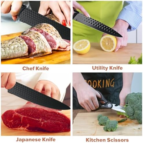 BOBOME 6 Piece Black Kitchen Knife Set with Block