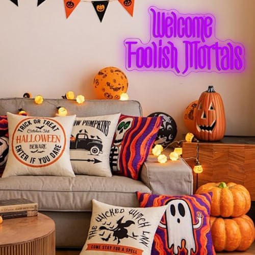 Welcome Foolish Mortals Neon Sign Purple 1