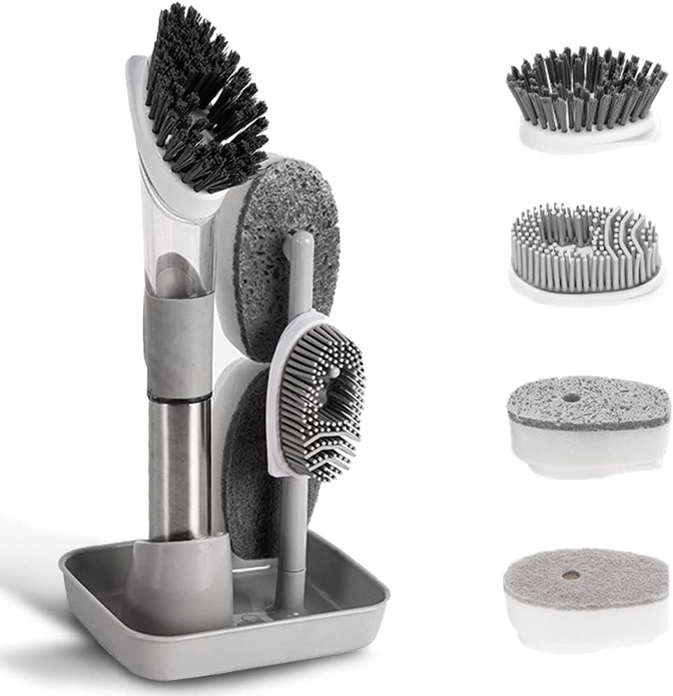 4-in-1 Dish Brush with Soap Dispenser and Holder - Grey 1