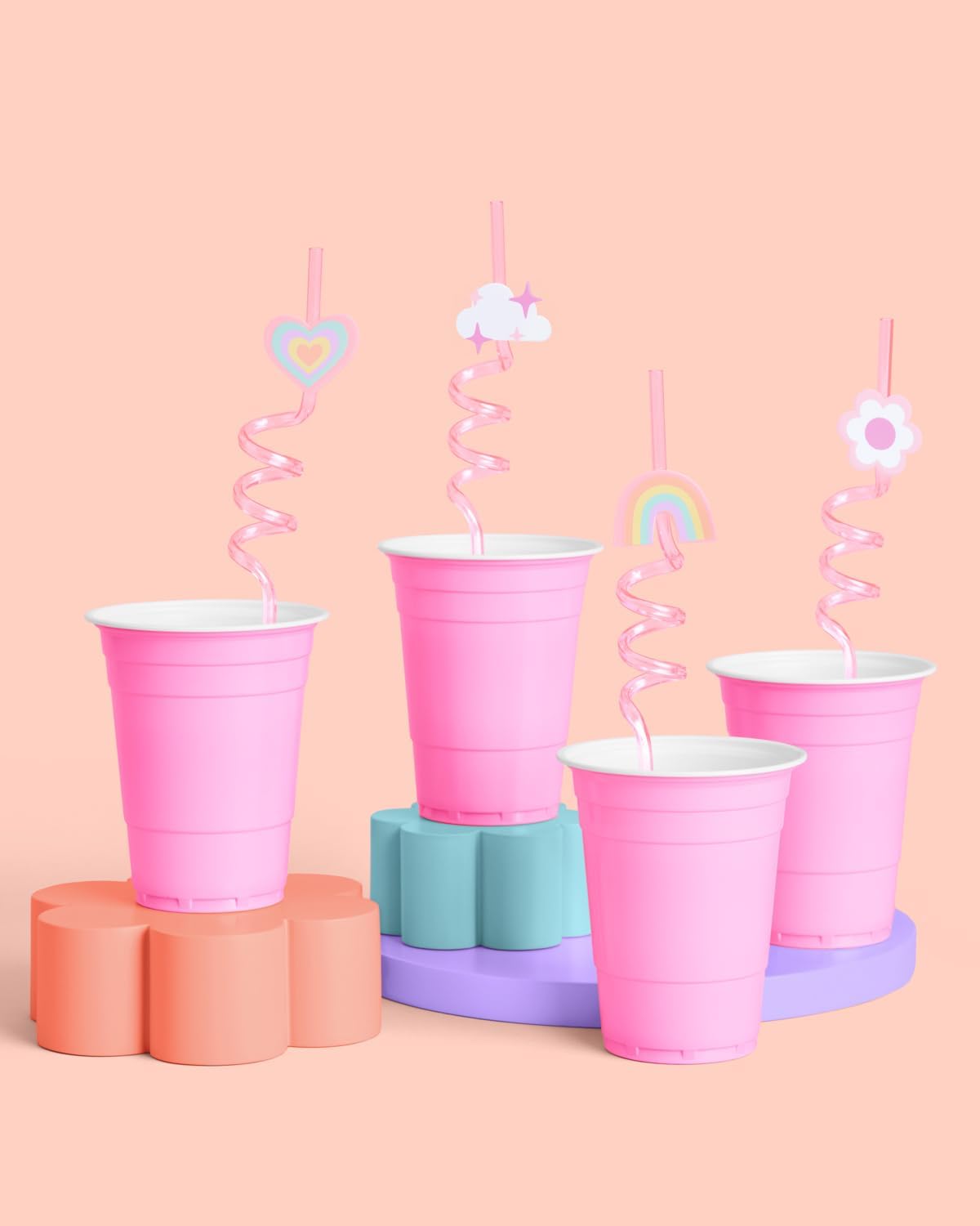 XO Fetti Reusable Rainbow Heart Flower Straw Set - 16 pc