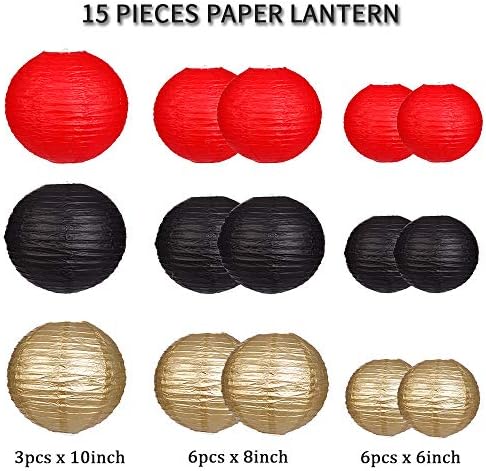 Zilue 15pcs Black Gold Red Paper Lanterns Set