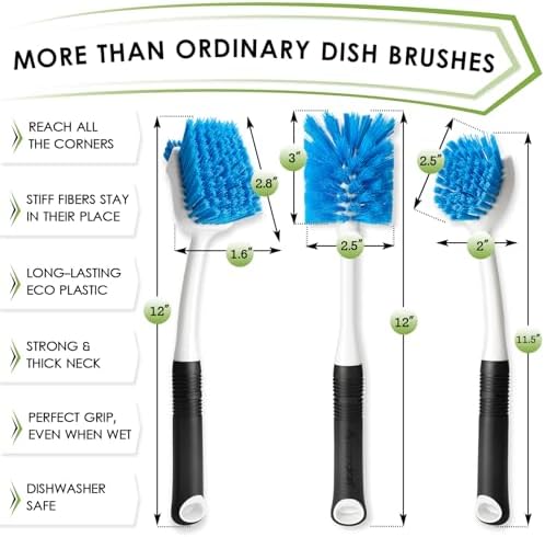 MOSOLAN 3-Piece Dish Brush Set with Scrubber and Water Bottle Brush