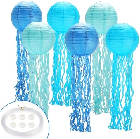 GAILROSO Jellyfish Paper Lanterns 6-Pack Blue 8Inch