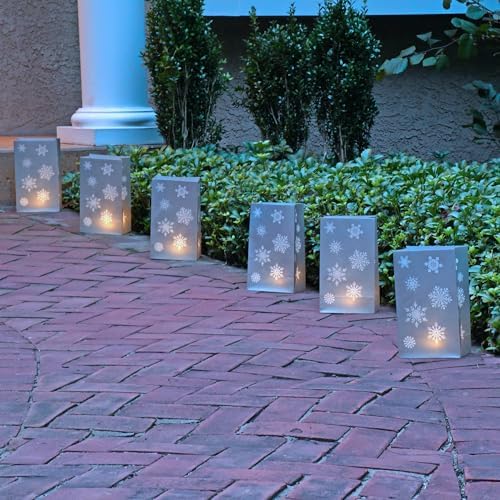 LumaBase Battery Operated Luminaria Kit with Timer Silver Snowflake - Set of 6