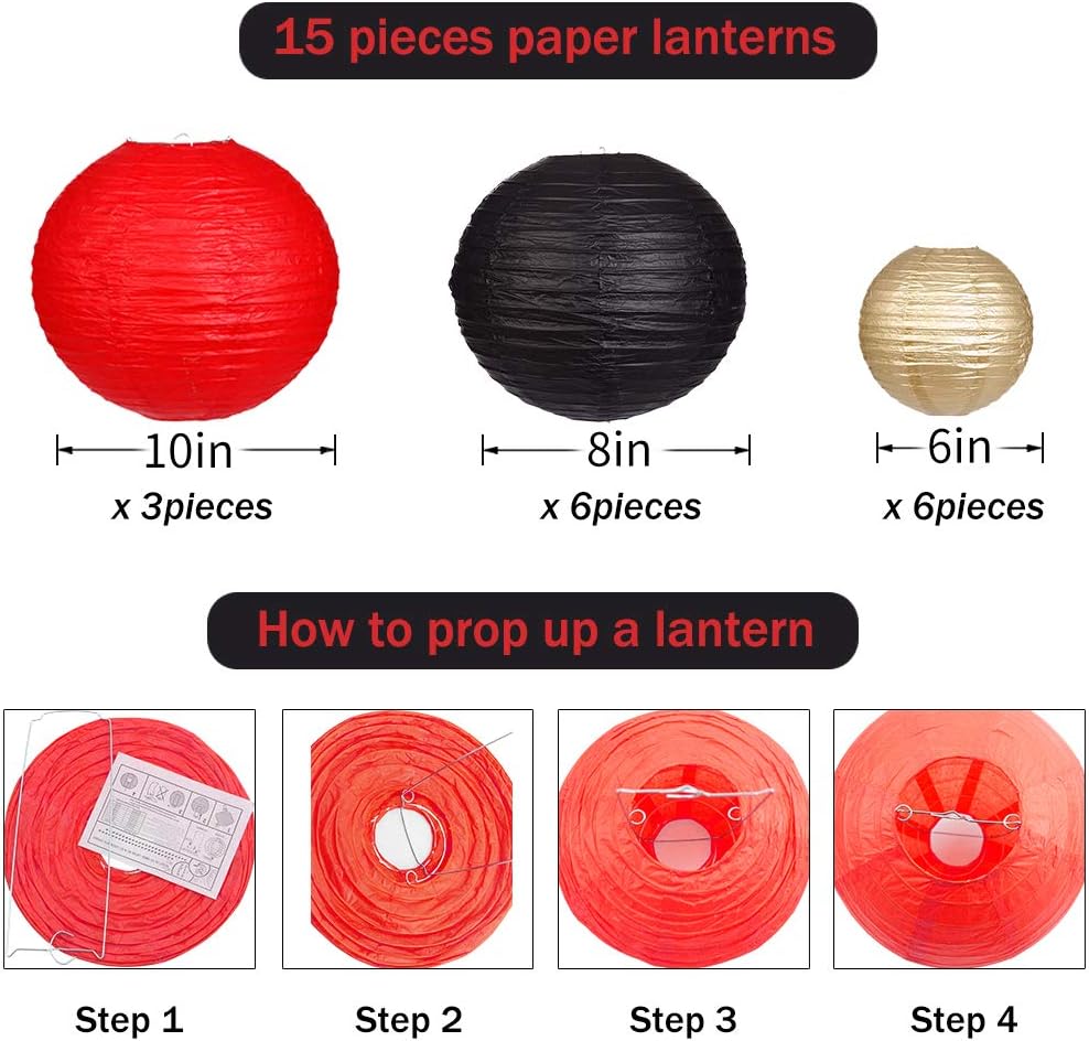 Zilue 15pcs Black Gold Red Paper Lanterns Set