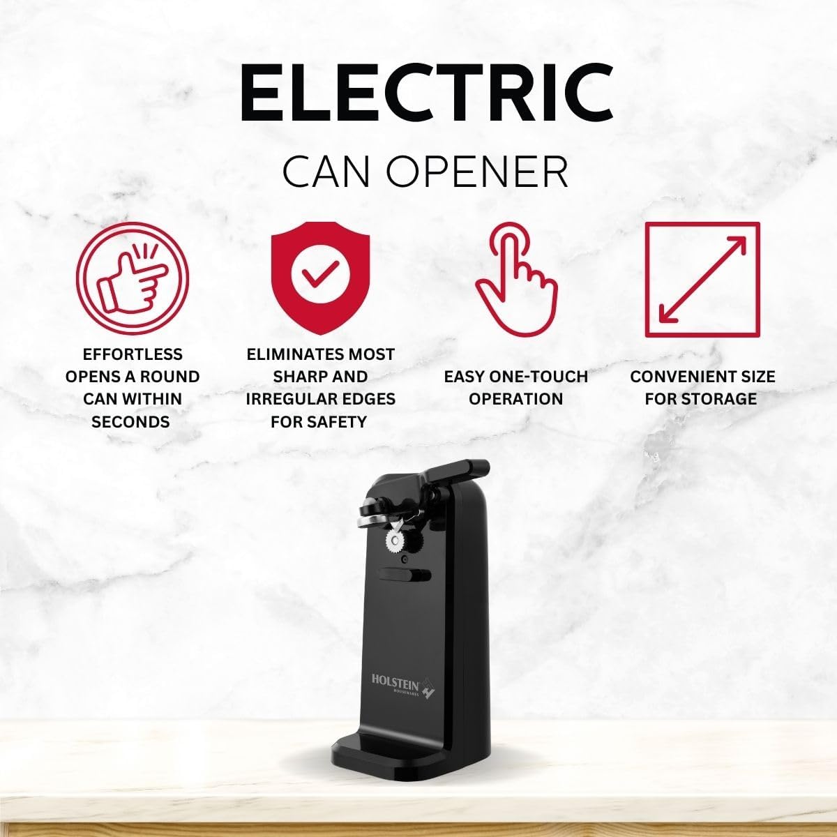 Holstein Electric Can Opener with Auto Shutoff and Push Down Lever - Black