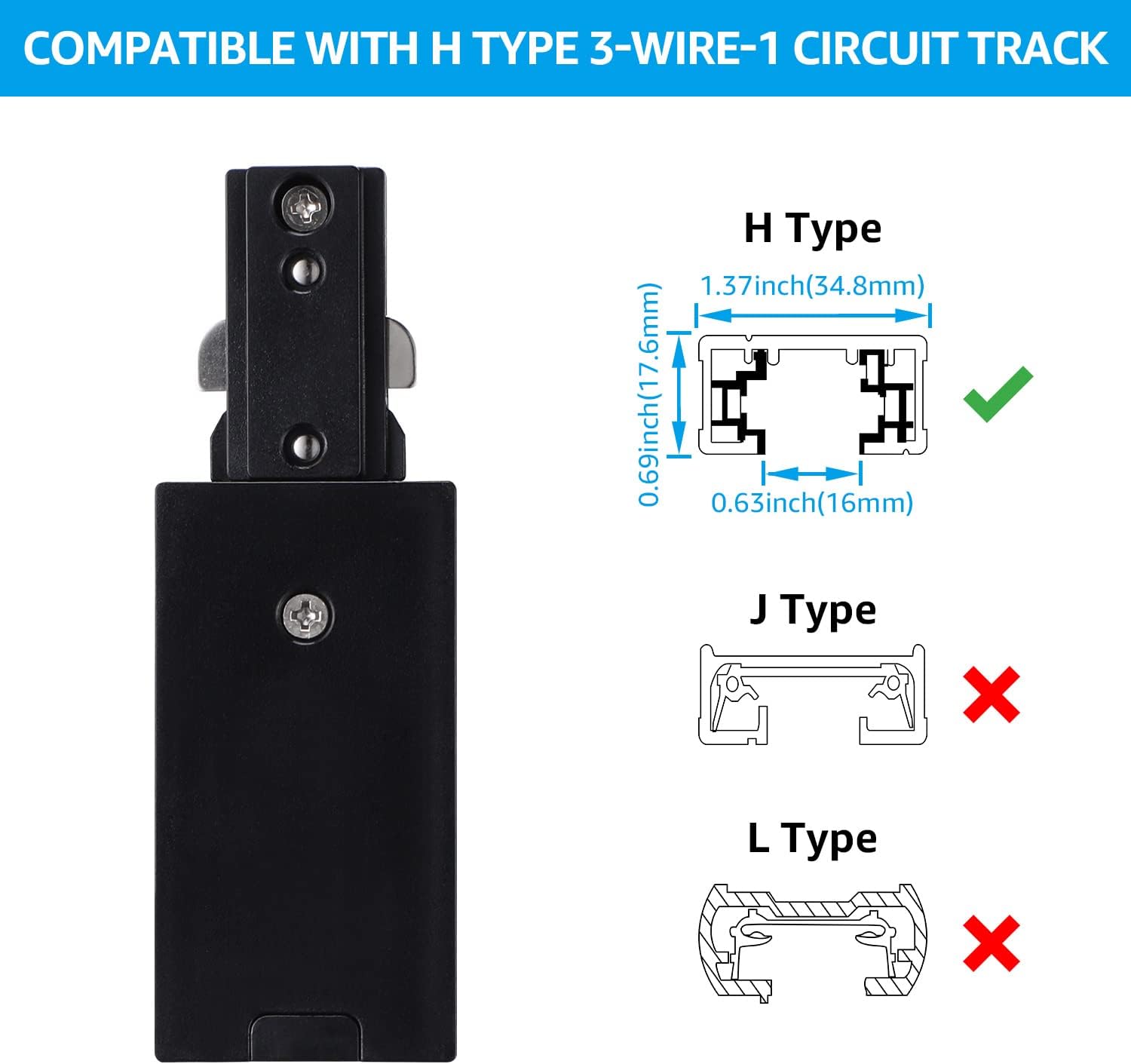 LEONLITE H Track Live End Feed Connector 3-Wire-1 Circuit Black