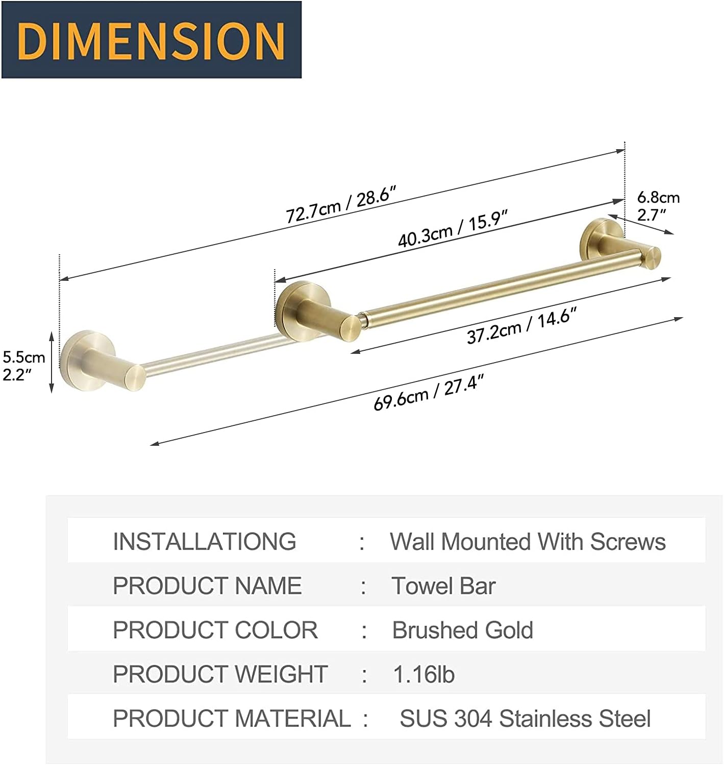 BESy Adjustable Towel Bar 159 to 286 Inch Brushed Gold Stainless Steel