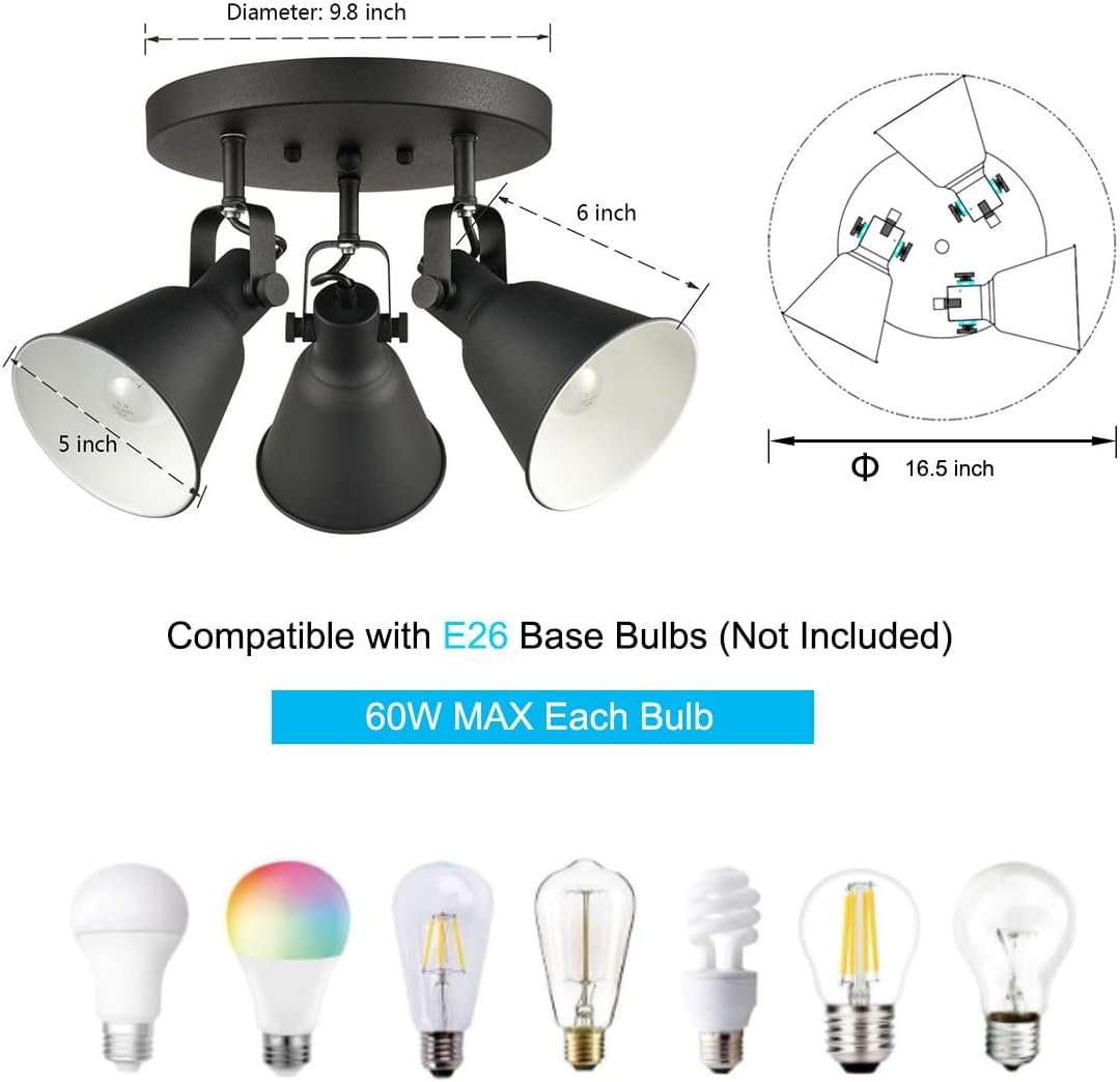DIRYZON EUL 3-Light Ceiling Spot Light - Matte Black Industrial Style