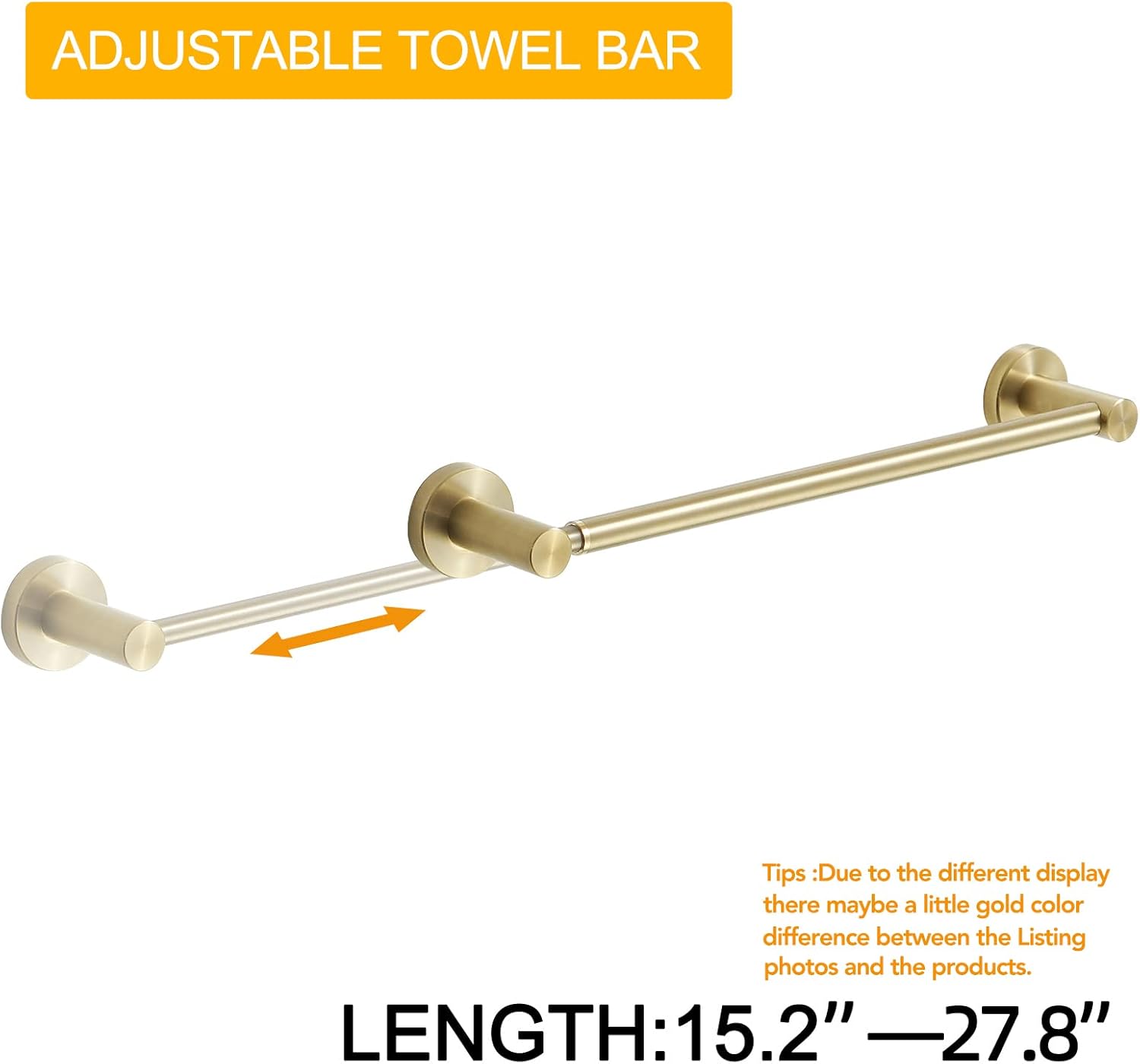 BESy Adjustable Towel Bar 159 to 286 Inch Brushed Gold Stainless Steel