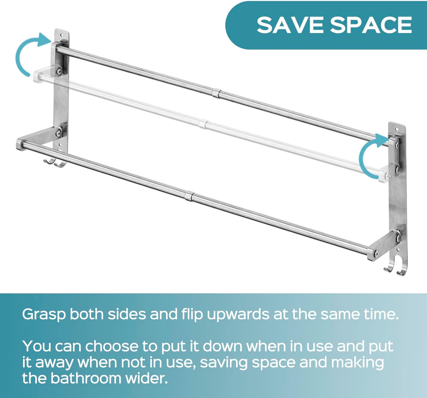 MGT Foldable Towel Bars 2-Pack with Hooks