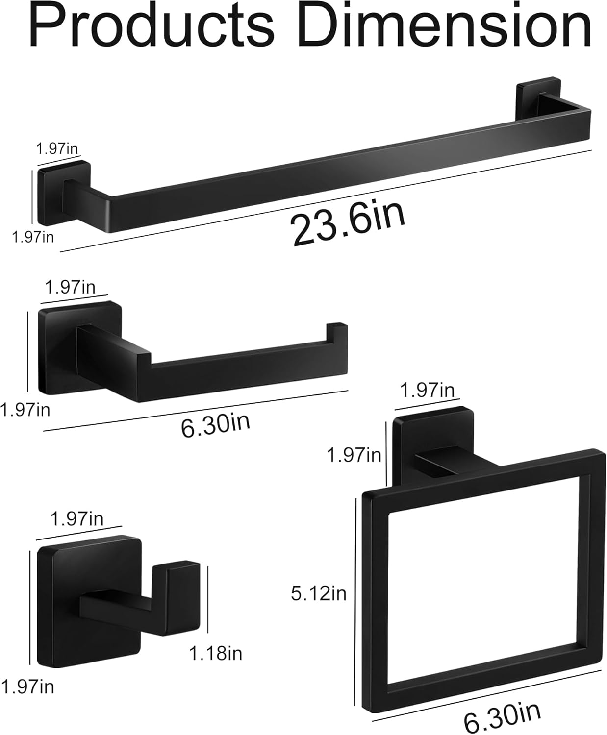 Hinmood Bathroom Hardware Set Square 10 Pieces Matte Black
