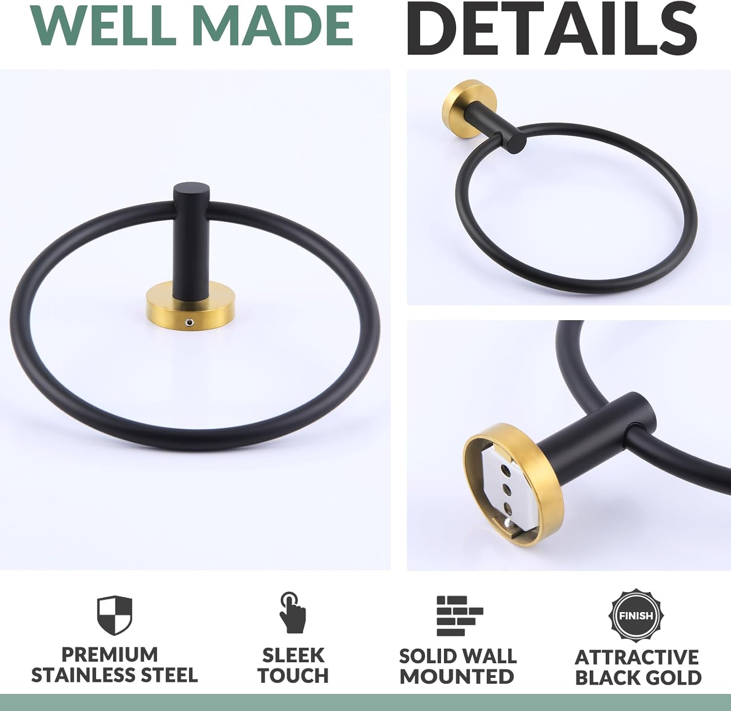 APLusee Black Gold Stainless Steel Towel Ring
