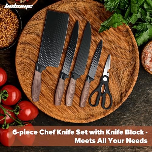 BOBOME 6 Piece Black Kitchen Knife Set with Block