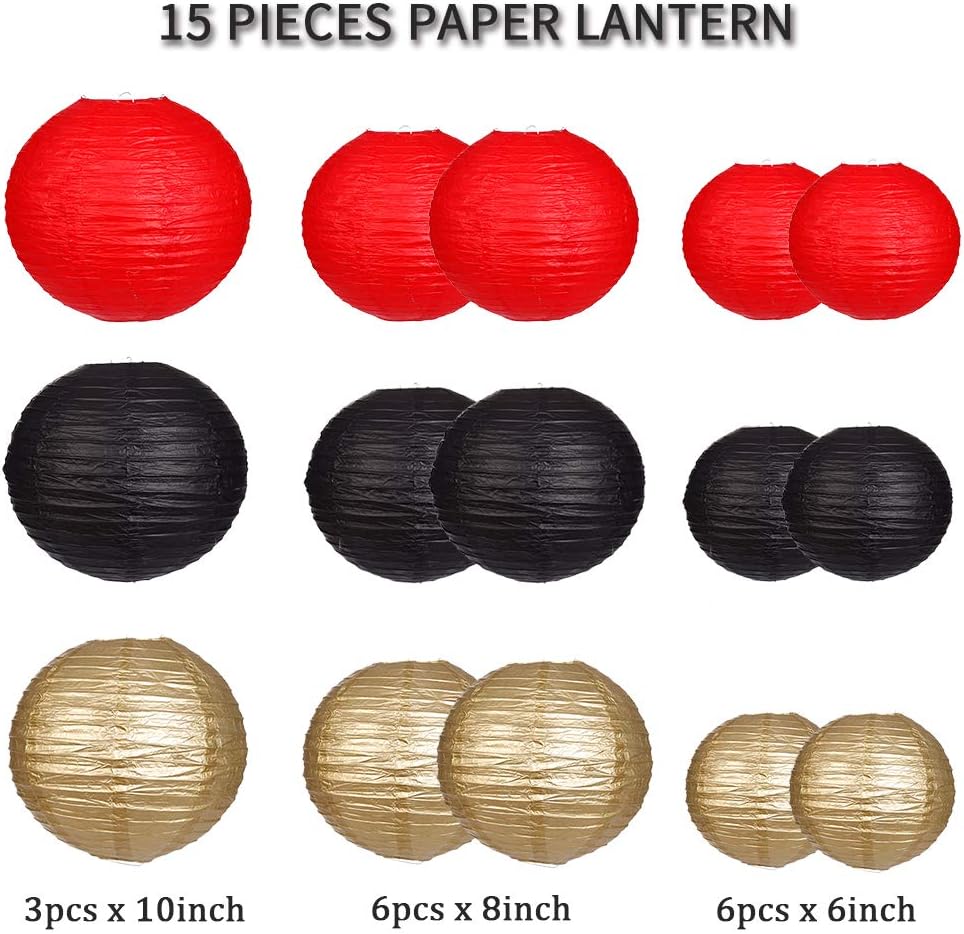 Zilue 15pcs Black Gold Red Paper Lanterns Set