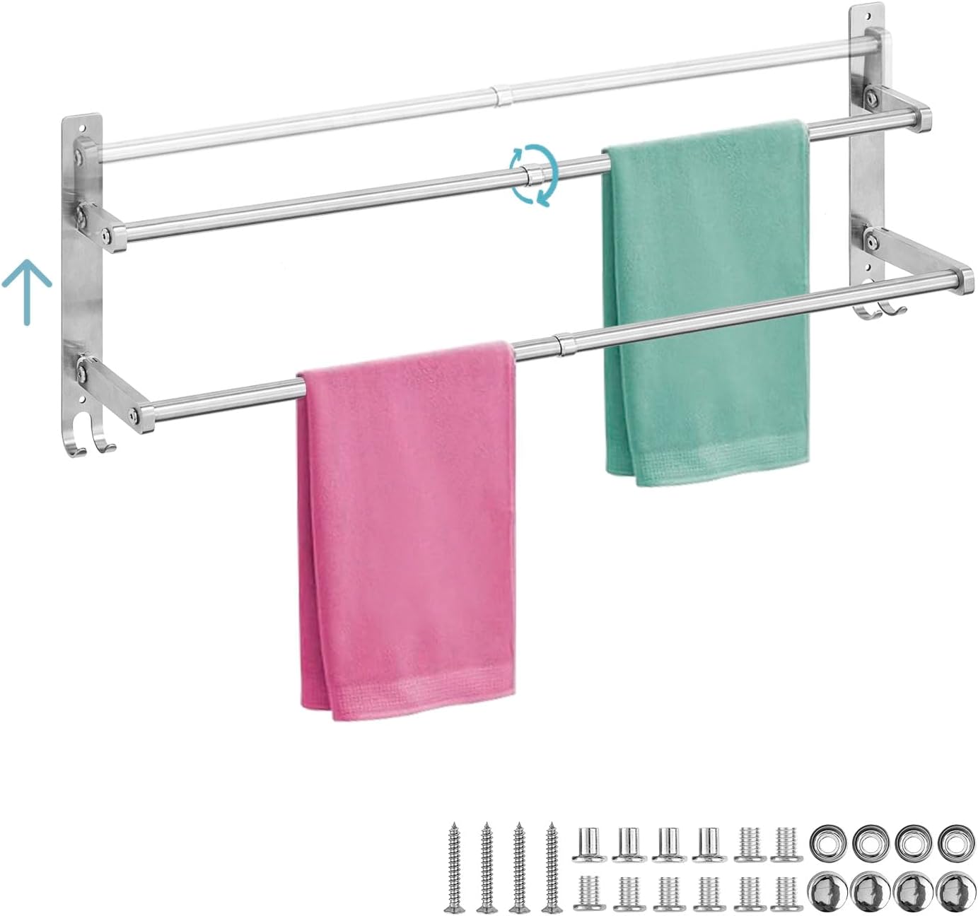MGT Foldable Towel Bars 2-Pack with Hooks