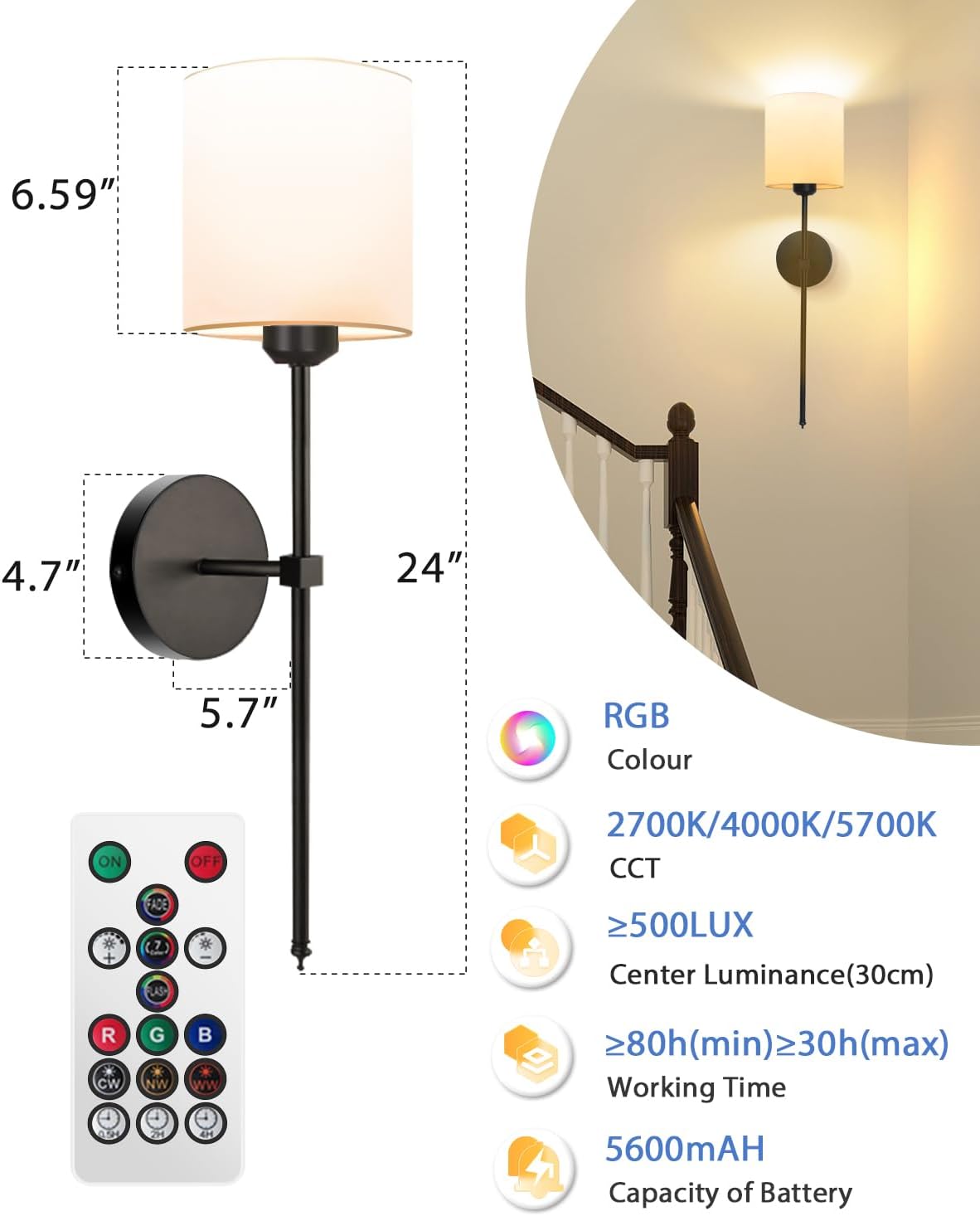 Adetu Wall Sconce Set of 2 5CCT Black Rechargeable Wall Light with Remote
