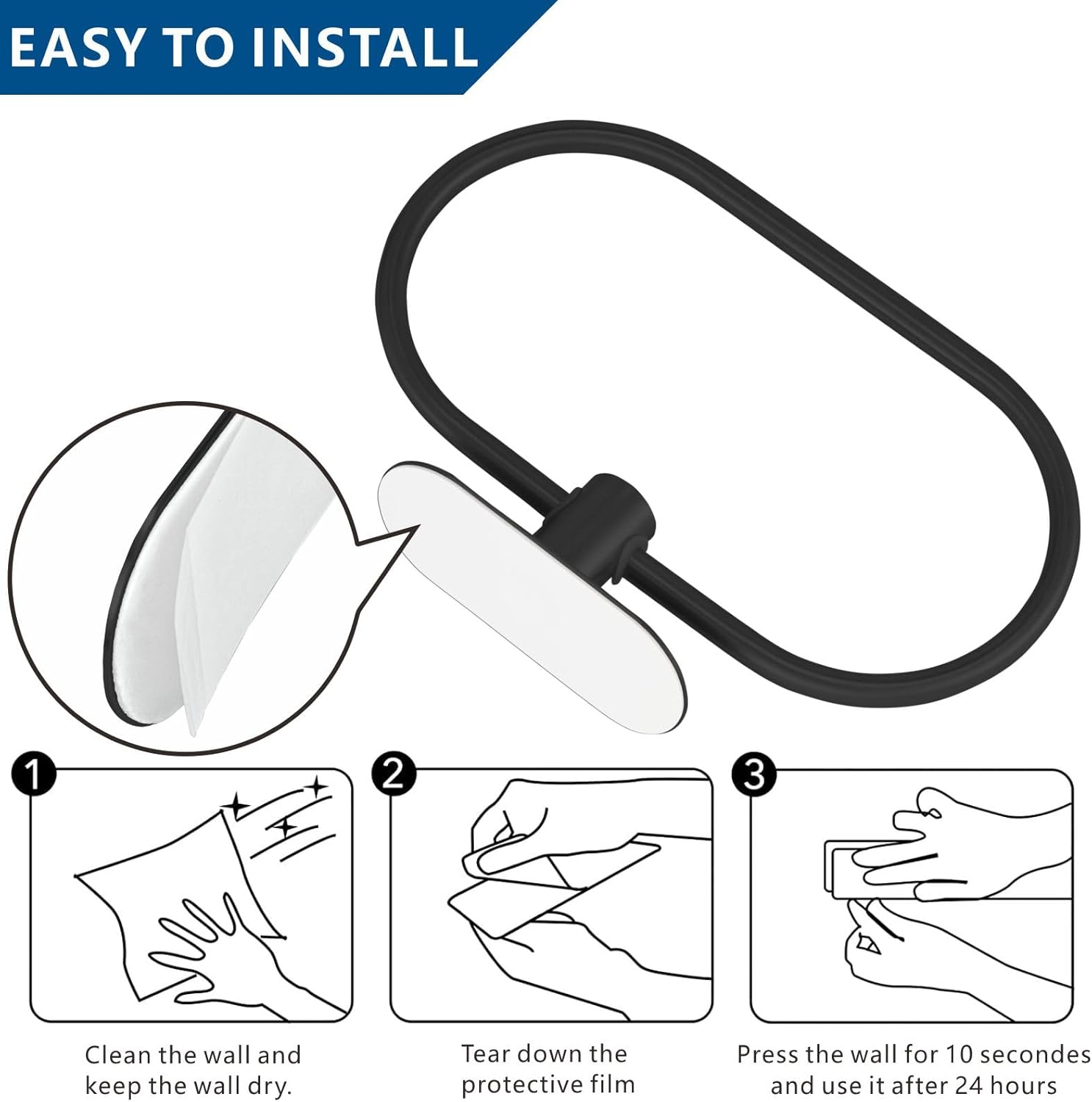 Eolax Matte Black Towel Bar 2 Pack No Drilling Wall Mount