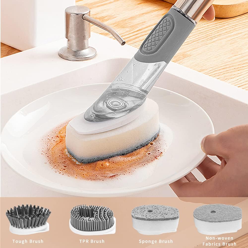 4-in-1 Dish Brush with Soap Dispenser and Holder - Grey 1