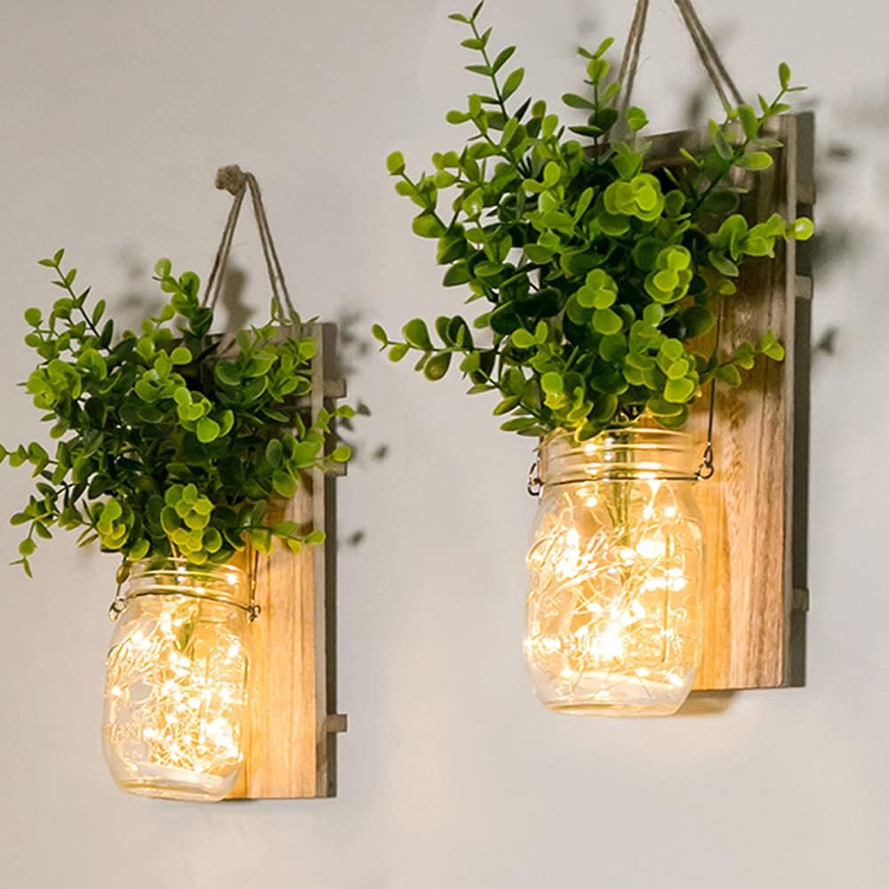 ECTY Rustic Wall Sconces with Mason Jars and LED Lights 2 Pack