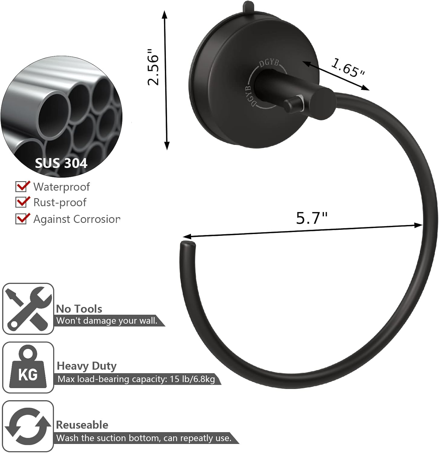 DGYB Matte Black Suction Cup Towel Holder for Bathroom Wall