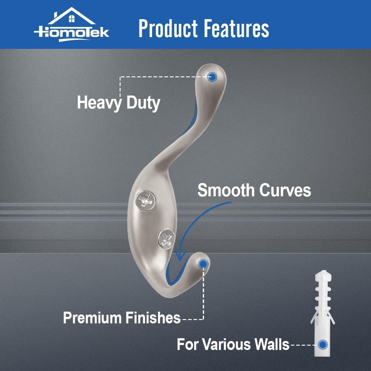 HOMOTEK Heavy Duty Dual Coat Hooks Satin Nickel