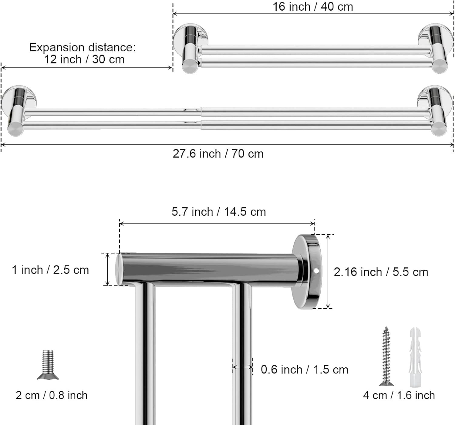 Adjustable Double Towel Bar 16-276 Inch with Hooks