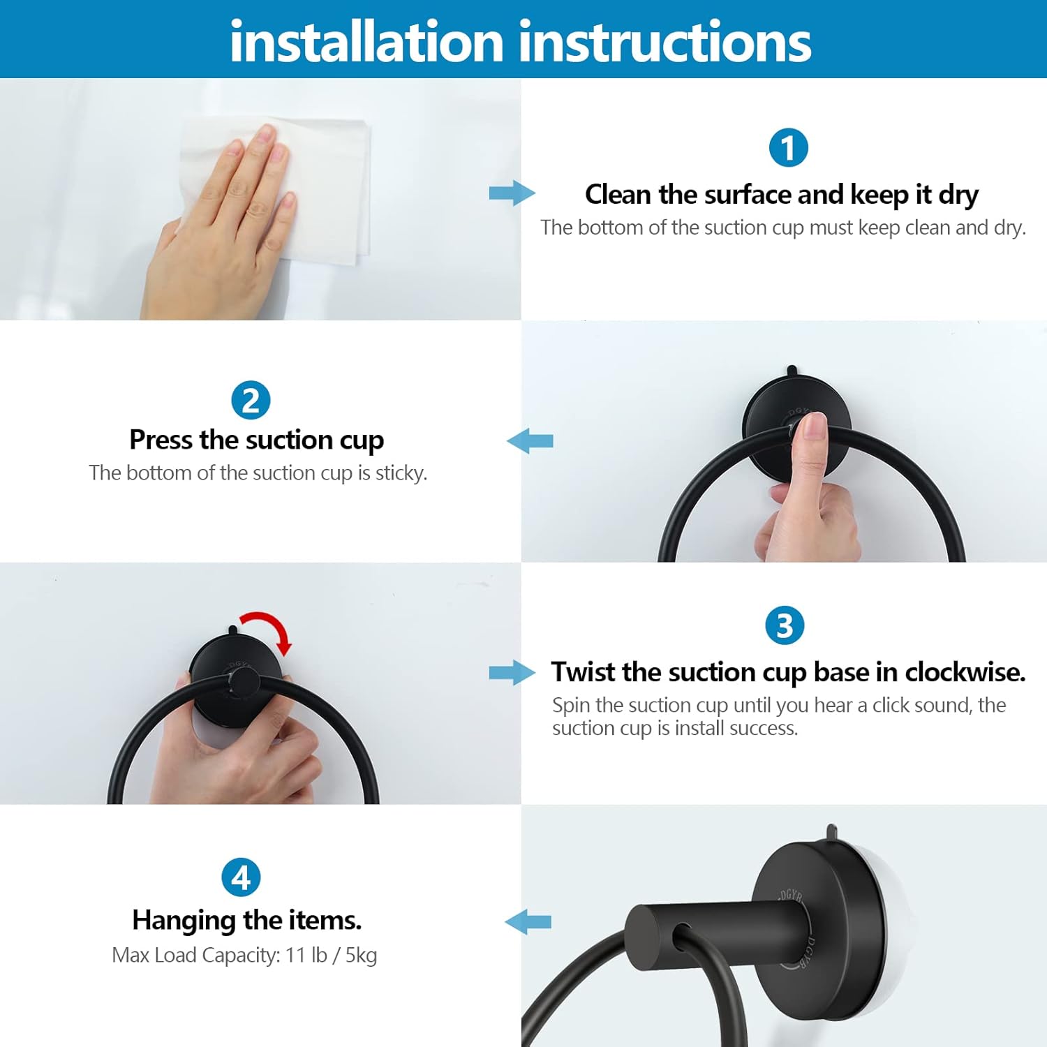 DGYB Matte Black Suction Cup Towel Holder for Bathroom Wall