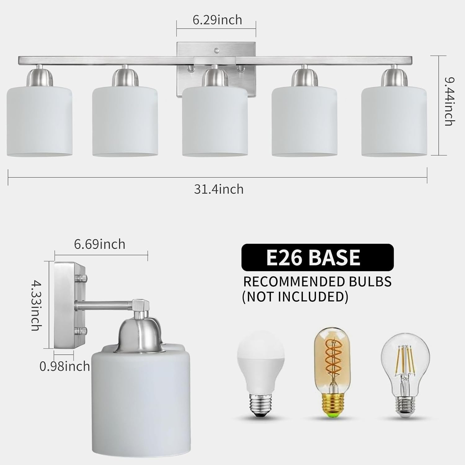 FAISHILAN 5-Light Vanity Light Brushed Nickel with Frosted Glass Shade