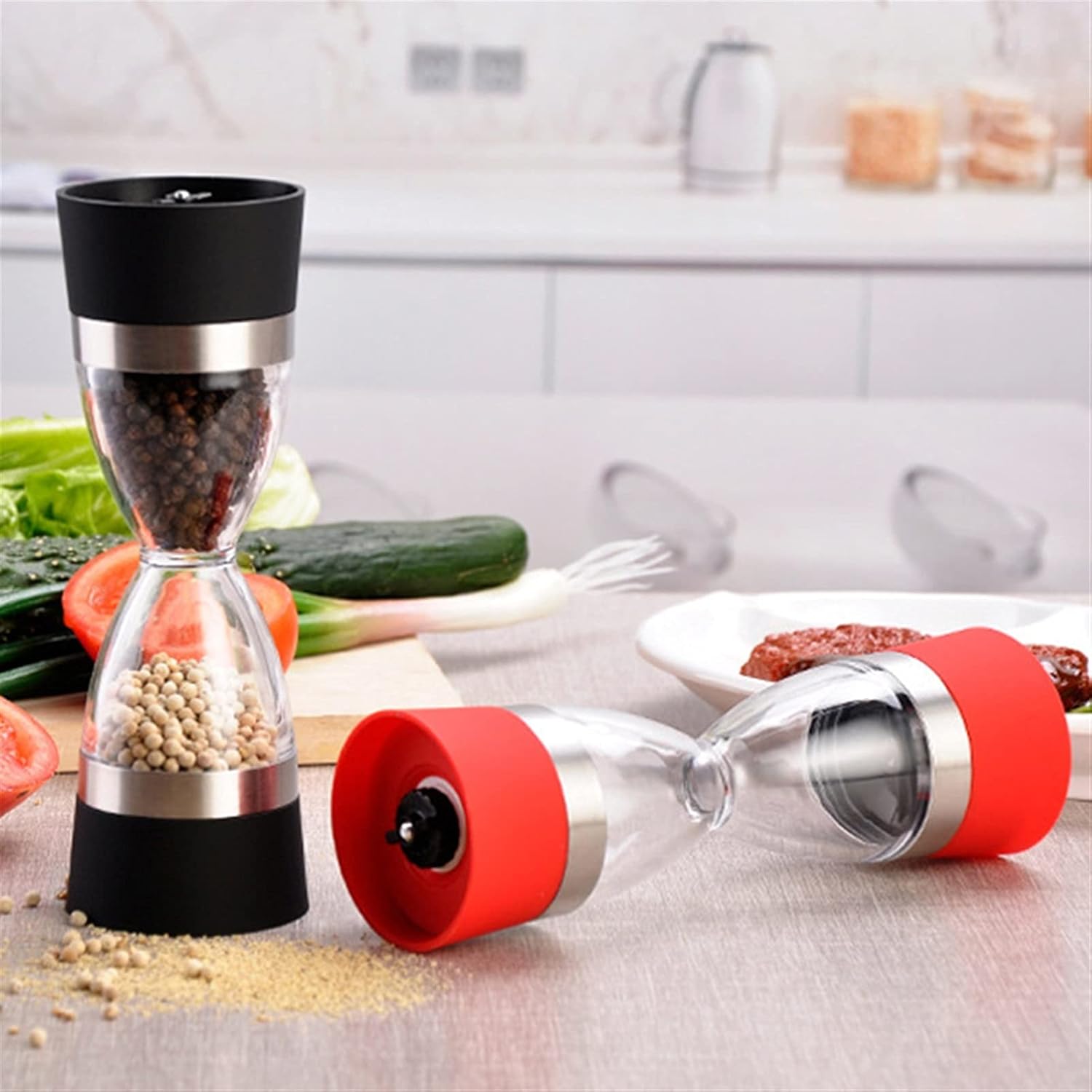 LEIXIUSM Salt and Pepper Mill Shaker 2 in 1 Hourglass Shape
