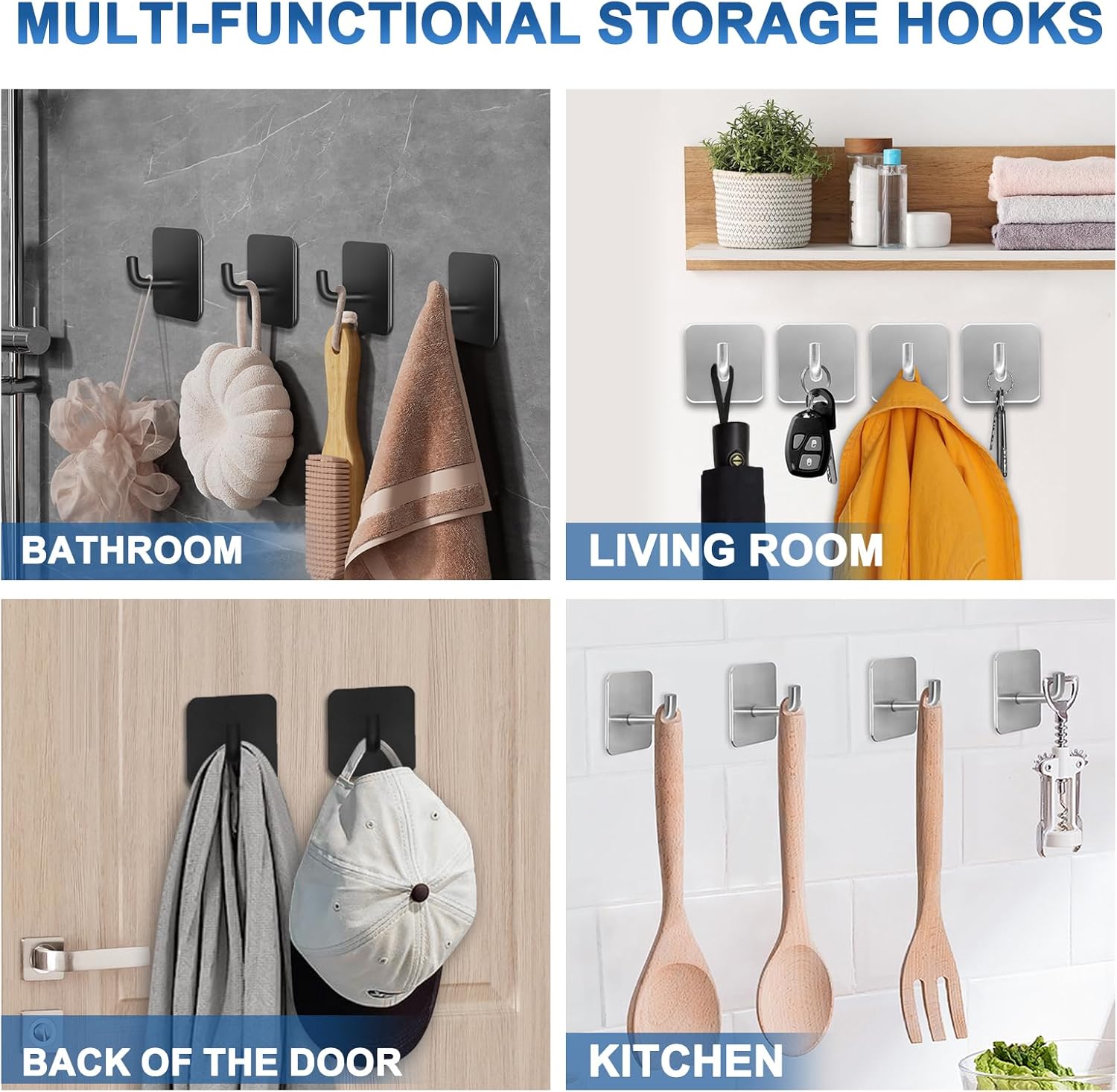 LACHILL 4-Piece Waterproof Adhesive Hooks Black