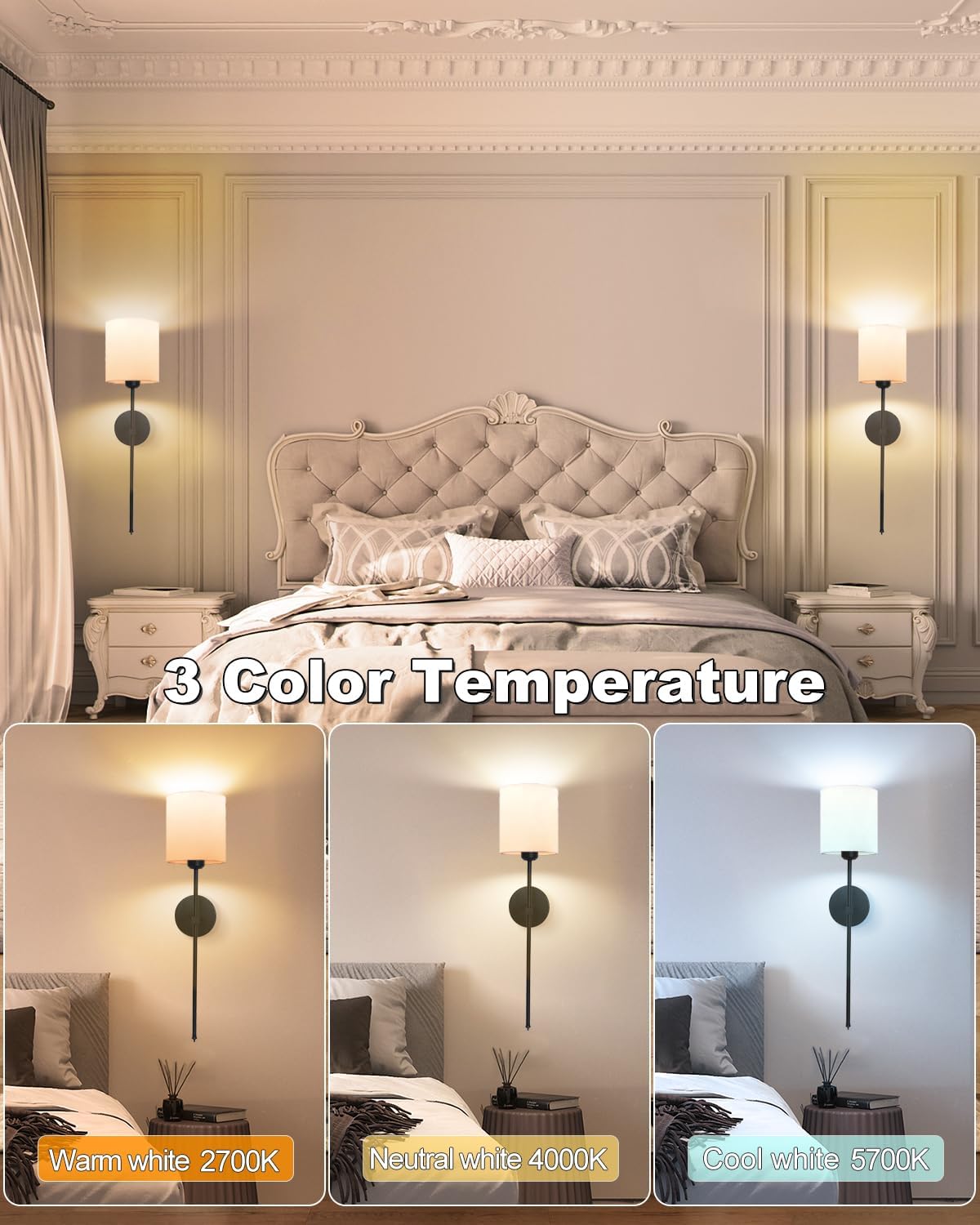 Adetu Wall Sconce Set of 2 5CCT Black Rechargeable Wall Light with Remote